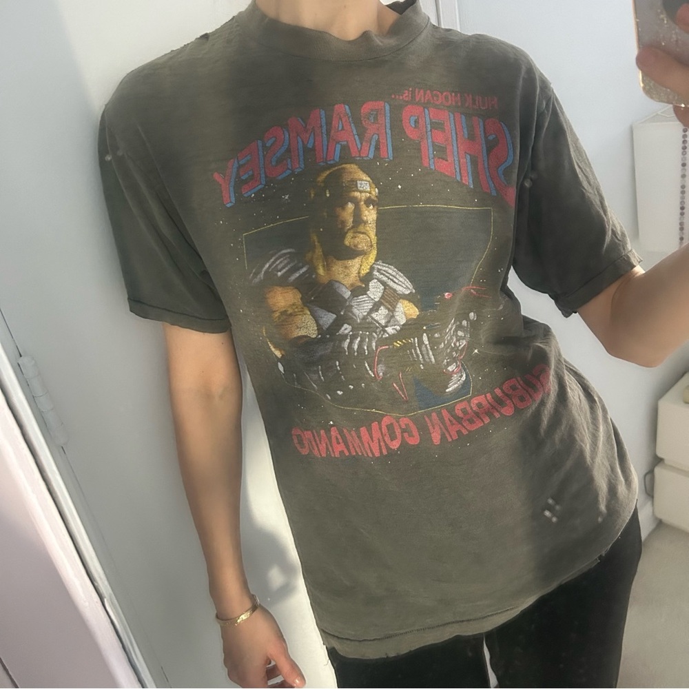 VINTAGE 1991 Hulk Hogan Shep Ramsey Suburban Commando Tee sz men’s L Grey Worn